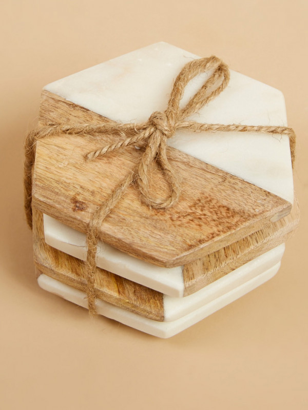 Two by Two Wood & Marble Coaster Set