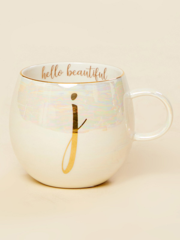 Hello Beautiful Iridescent Monogram Mug - J
